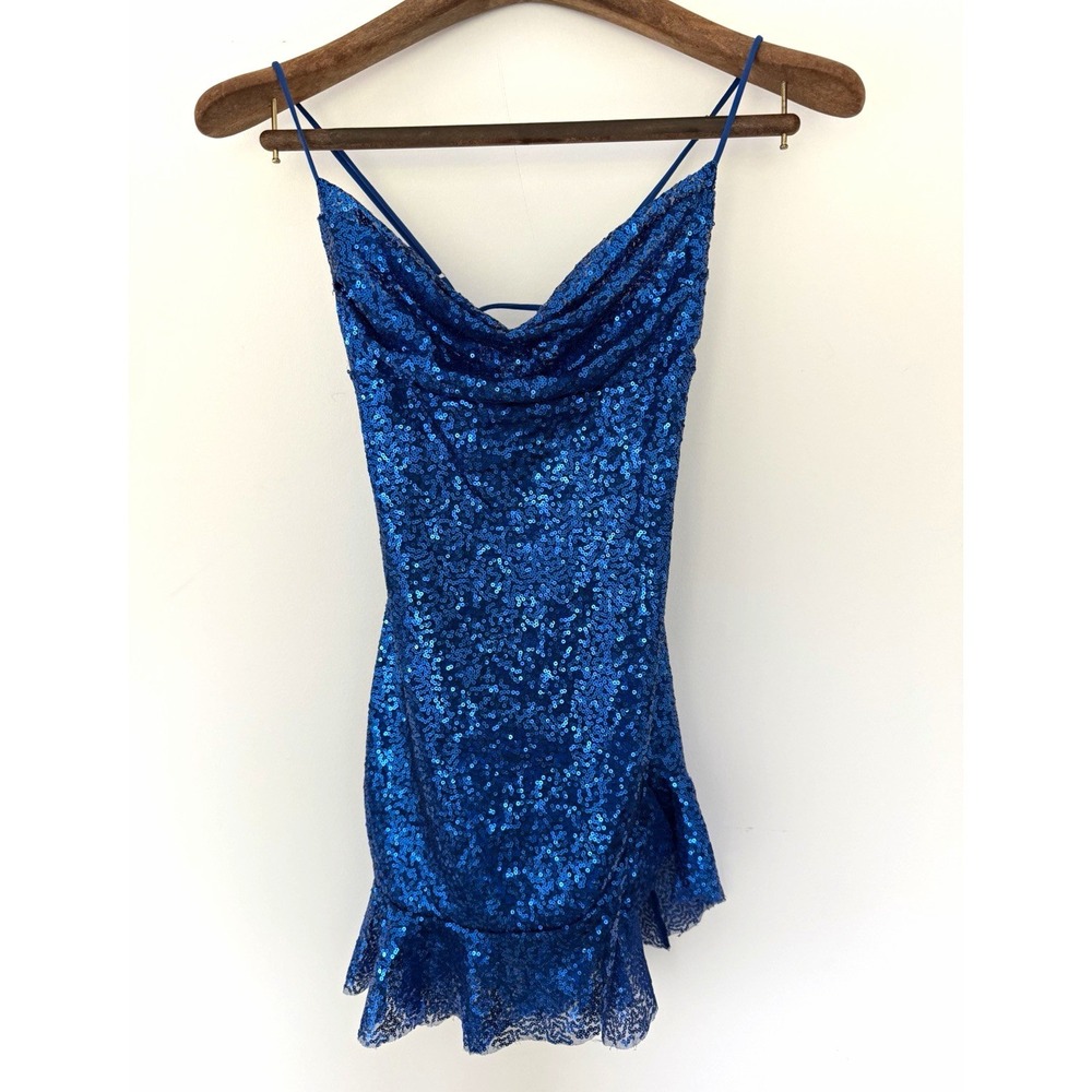 LUCY IN THE SKY Women Royal Blue Sequin Lace-Up Back Mini Dress Sz SMALL - Picture 2 of 9